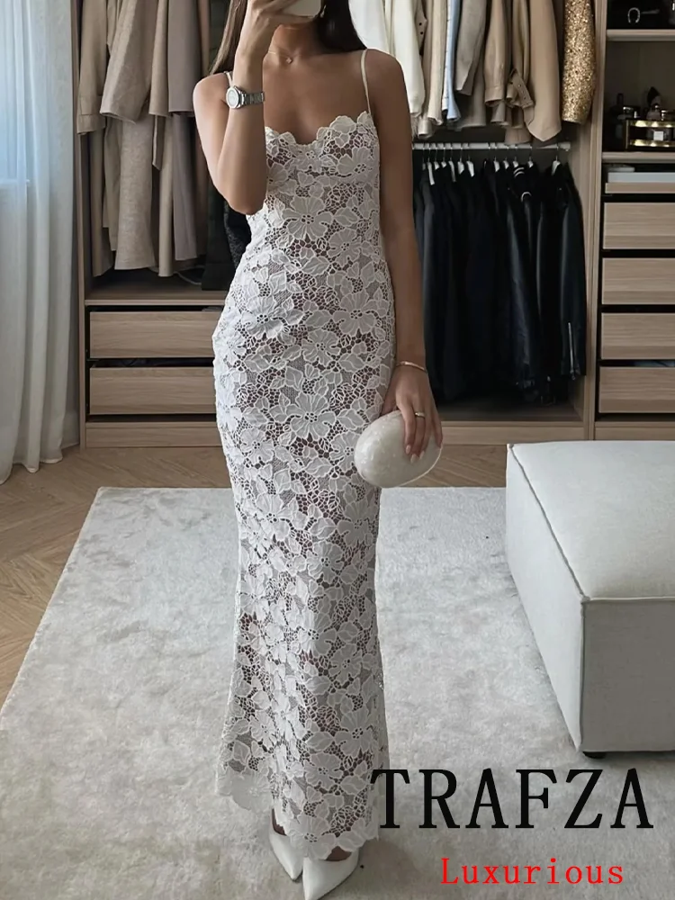 TRAFZA Vintage Sexy Chic Lace Women Dress Embroidery Sleeveless Backless Cami Dress Fashion 2024 Summer Chic Beach Party Dress