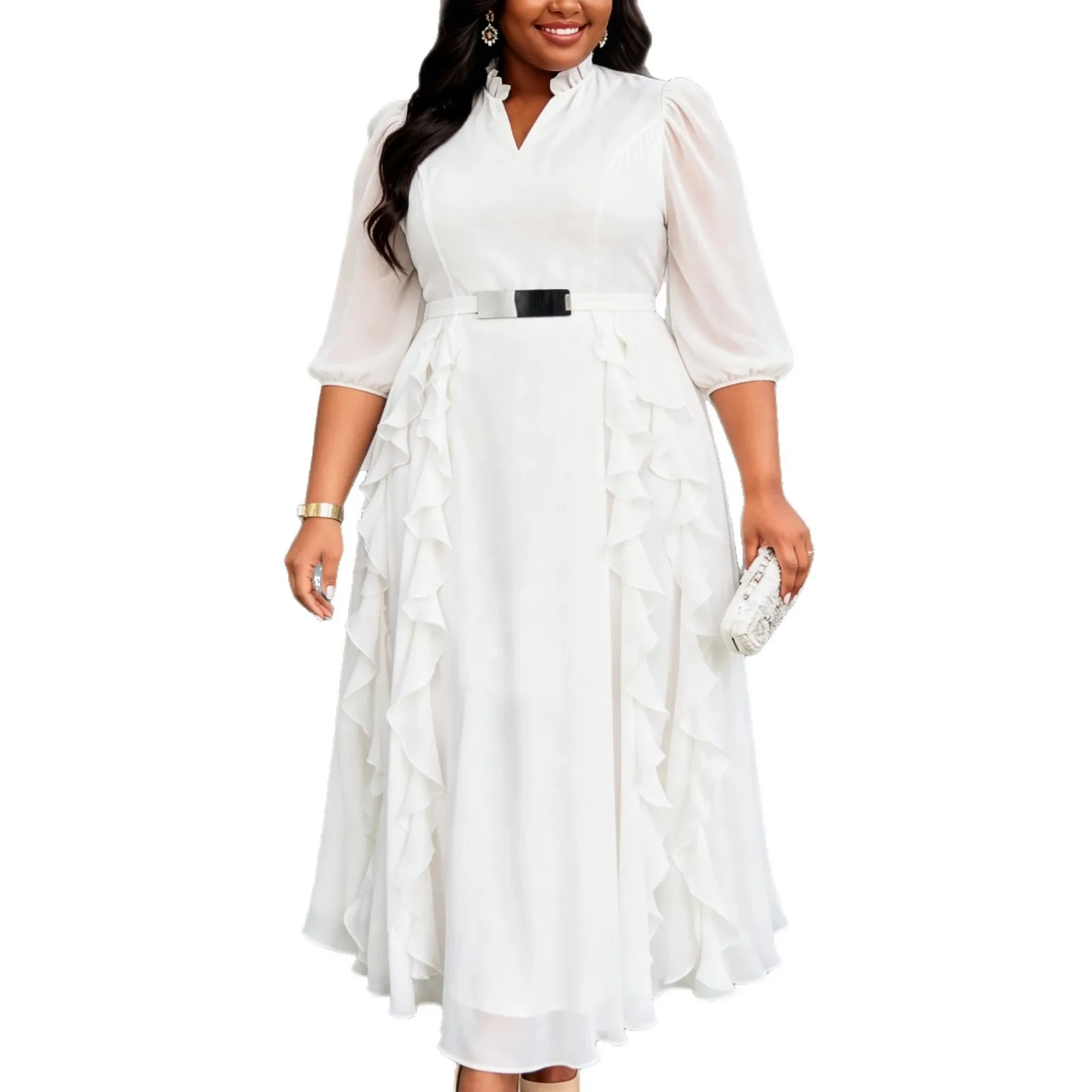 Weiße afrikanische Kleider in Übergröße für Damen, Sommer, afrikanische Kleider mit 3/4-Ärmeln, V-Ausschnitt, Polyester, Party, Abend, lange Maxikleider, Outfits
