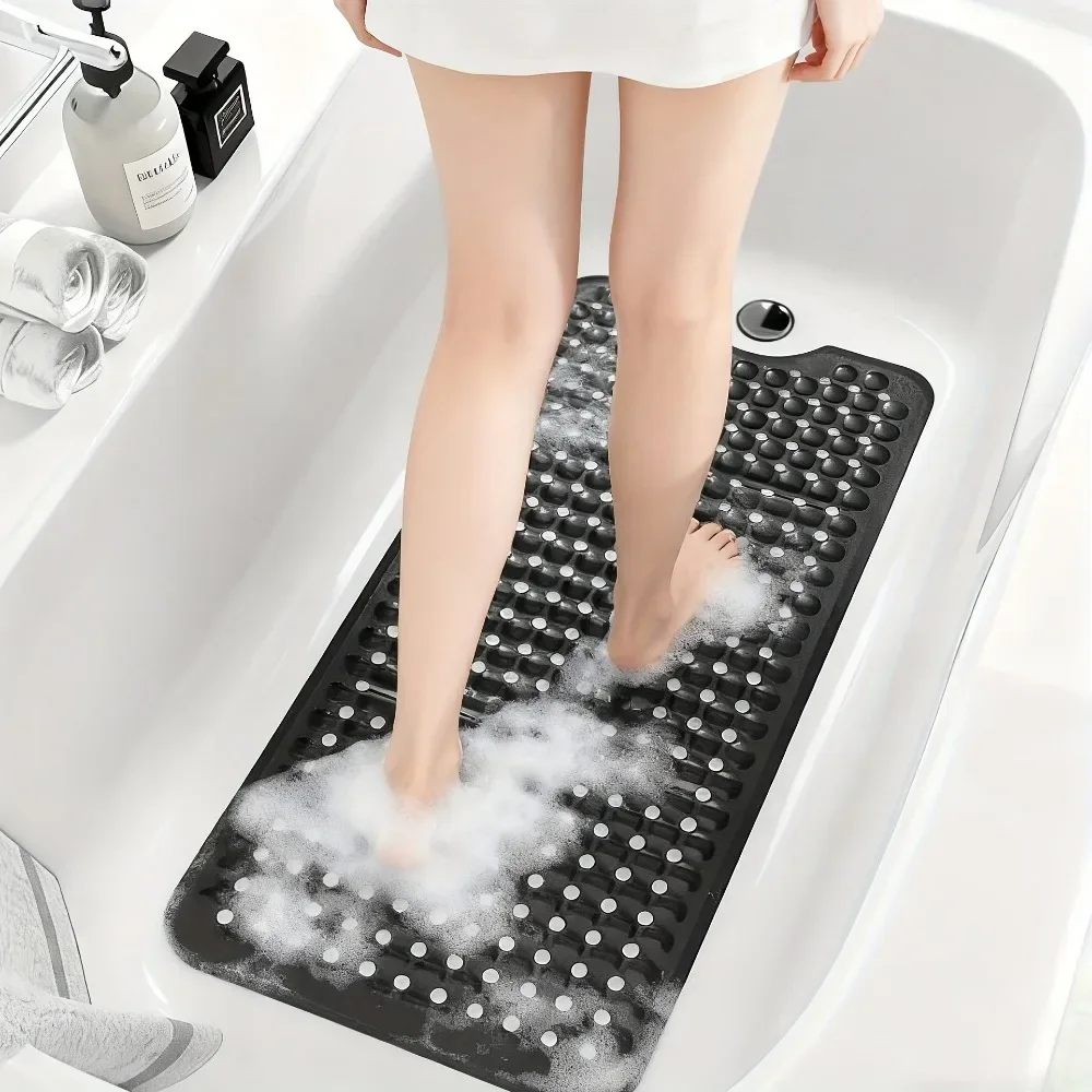Bathtub Mat 40x16 Inch Large Size Dark Gray Shower Mat,Soft PVC Non Slip Bath Floor Mat With Suction Cup Bottom And Quick Drain Design,Pebble Surface Washable Tub Mat For Minimalist Bathroom Decor,Apartment And Daily Shower Use