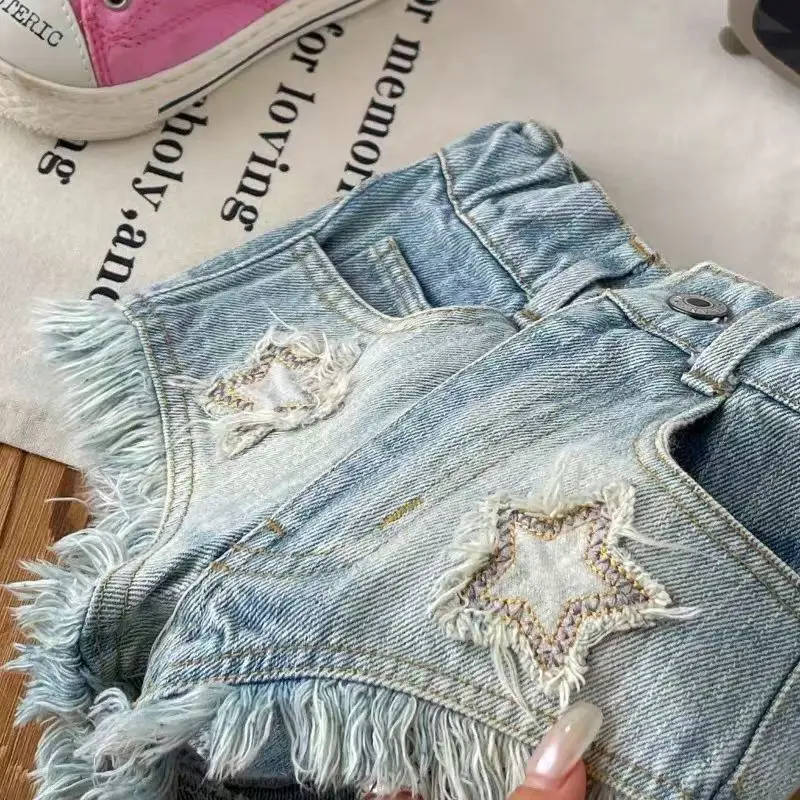 Children's Clothing Retro Summer New Item Niche Girls' Hot Pants Embroidered Denim Fringed Shorts