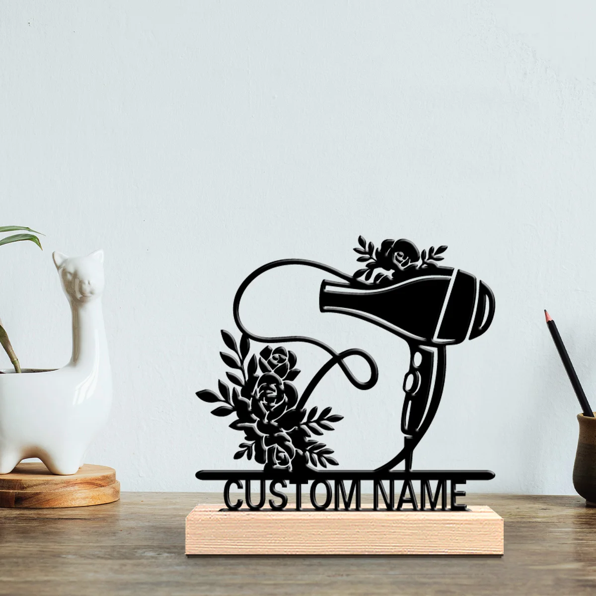 1pc Abstract Hair dryer Customized Letter Metal Statue Iron Ornament Handicraft With Wood Base Tin Statue For Boys Gifts