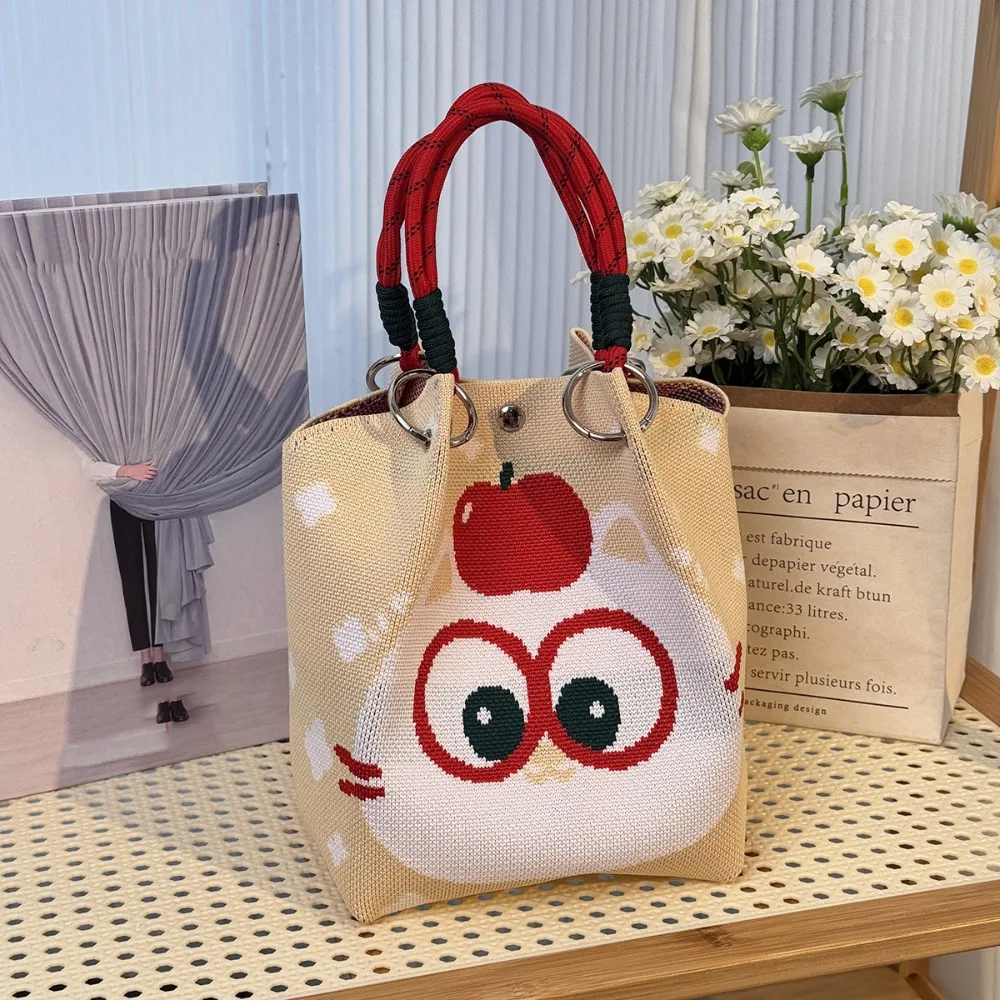 

Модная вязаная сумка-тоут с кошкой, вязаная сумка-ведро с мультяшным медведем, шерстяная сумка-ведро с принтом для девочек