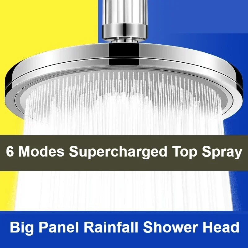 New Design Big Panel 6 Modes Supercharge Rainfall Shower Head High Pressure Top Rain Shower Faucet Bathroom Accessories