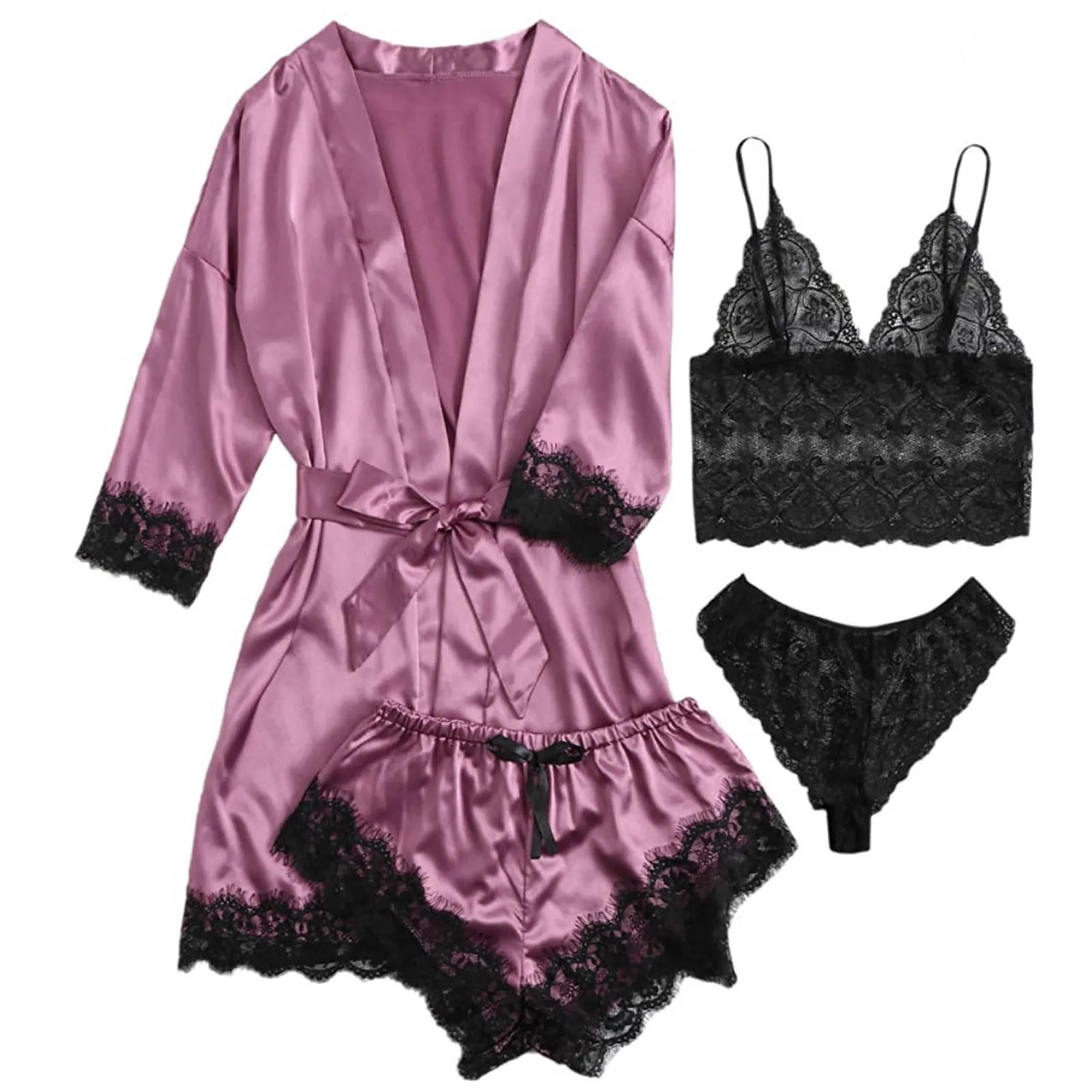 Woman Sleepwear Pajamas Ser With Robe Sexy Lace Lingerie Bathrobe Silk Satin Home Clothed Nightwear Robe