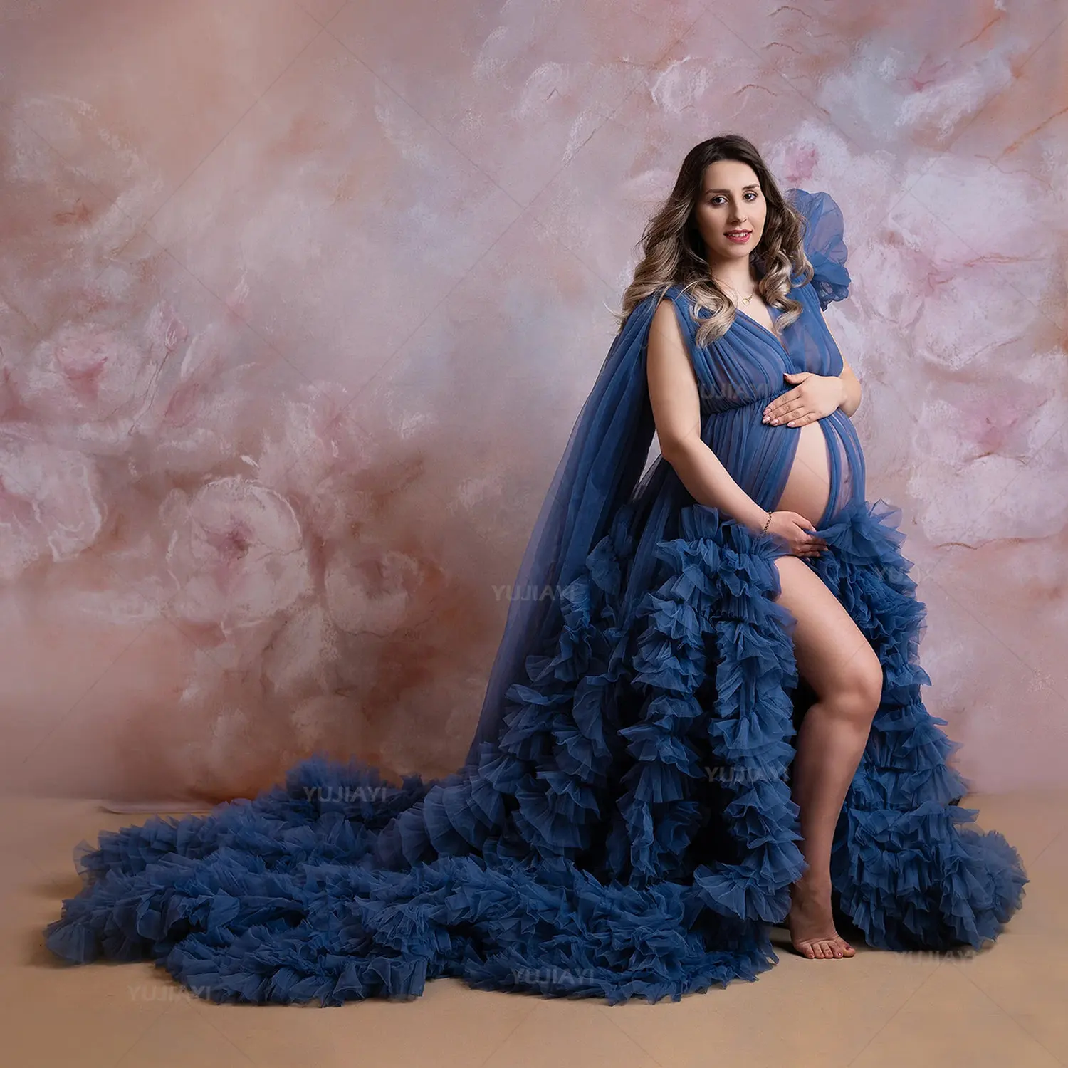 Luxury Maternity Dresses Extra Puffy Maternity Gown for Photoshoot Ruffled Tiered Skirts Women Long Robe Pregnancy Photography