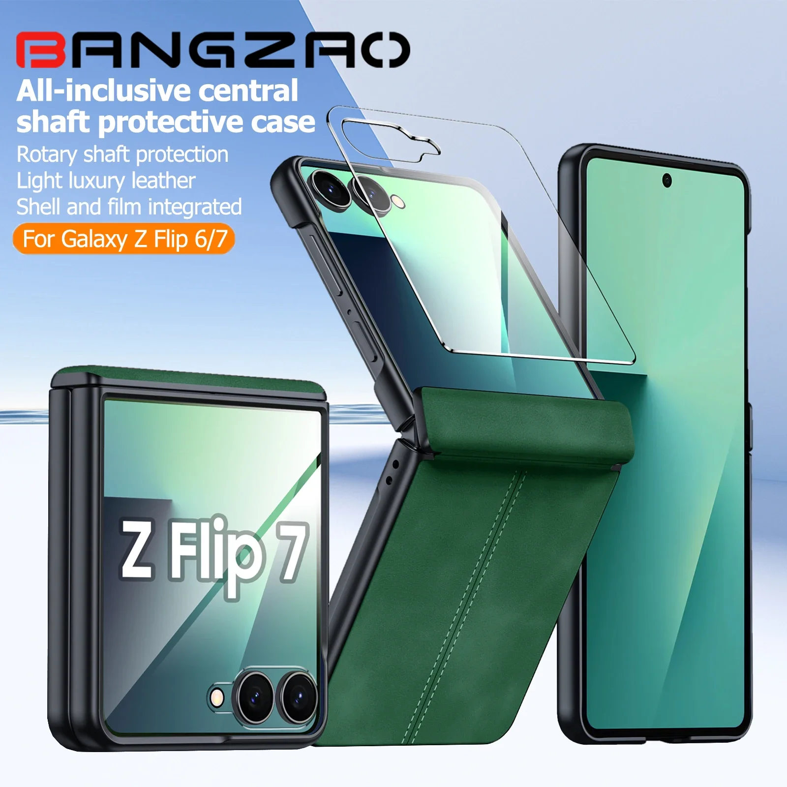 

Built-in Screen Protector,Hinge Protection,PU Leather Matte PC,for Galaxy Z Flip 6/7/7 FE Shockproof Cover Phone Case-Green
