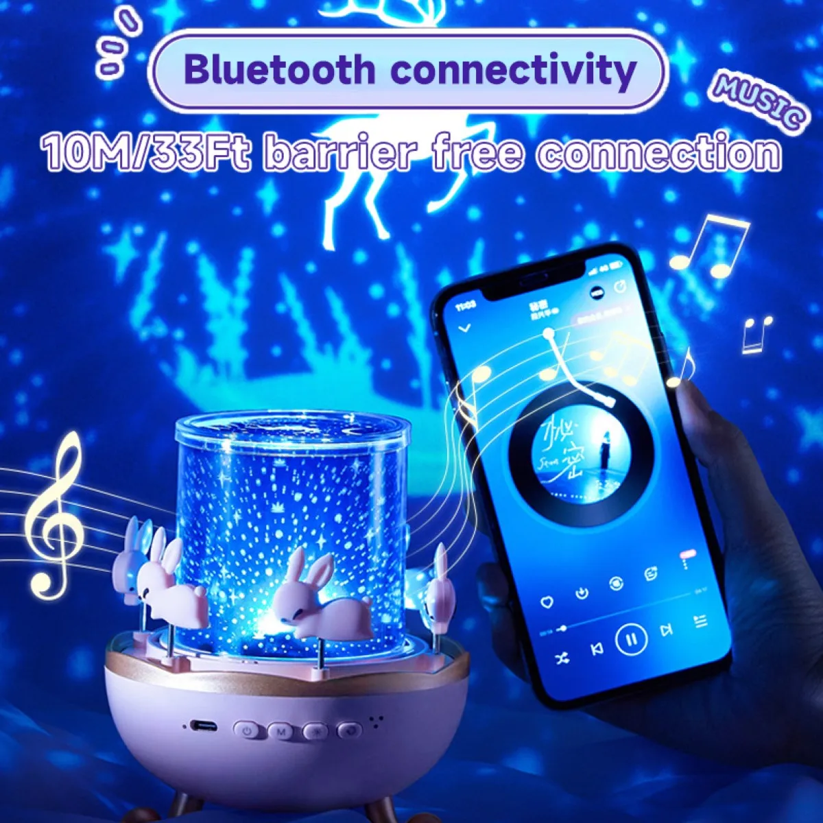 Proyector de cielo estrellado para dormitorio, luz nocturna, Altavoz Bluetooth, conejo, mesa, lámpara de escritorio, decoración de cabecera para niños, regalo de cumpleaños para bebés