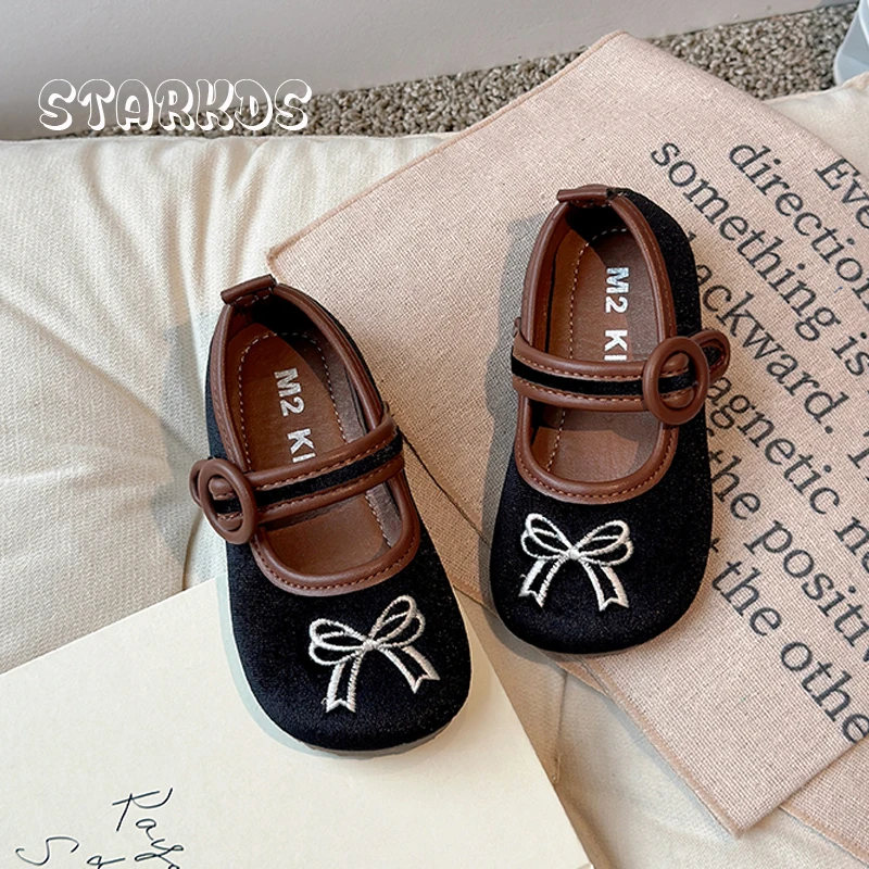 Chic Bowknot Embroidery Shoes Kids Girls Vintage Velour Ballet Flats Baby Child Soft Sole Brand Design Velvet Mary Jane Zapatos
