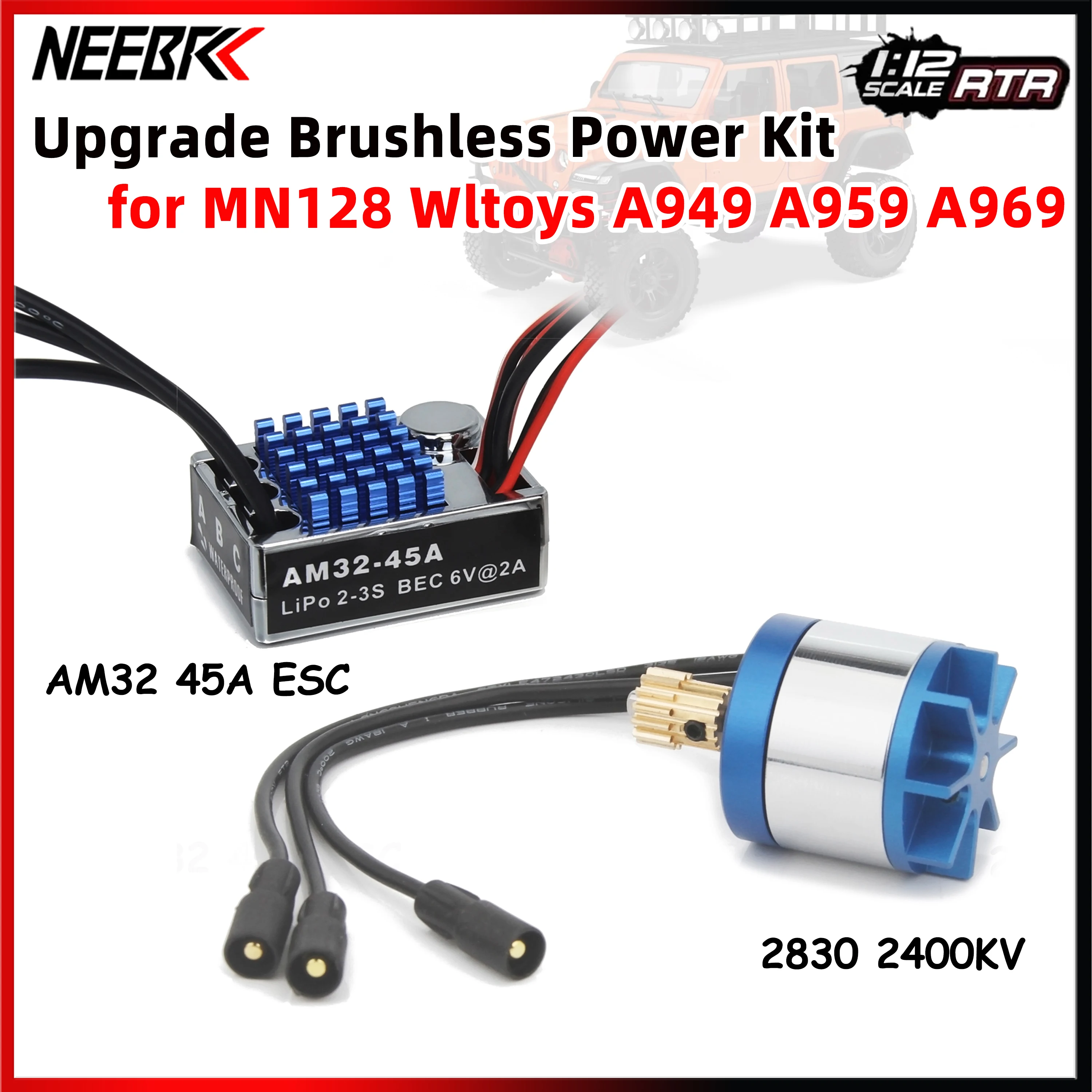 Upgraded MN128 Brushless Motor 2830 2400KV AM32 45A ESC Combo for RC Crawler Cars 390 Brushed Motor Wltoys A949 A959 A969 A979