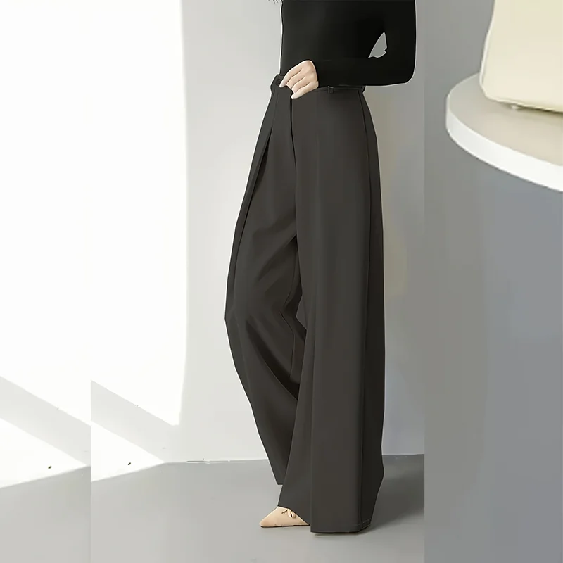 Women's Elegant and Stylish Wide-Leg Pants Solid Color with Pockets Casual Long Pants Suitable for Daily Wear