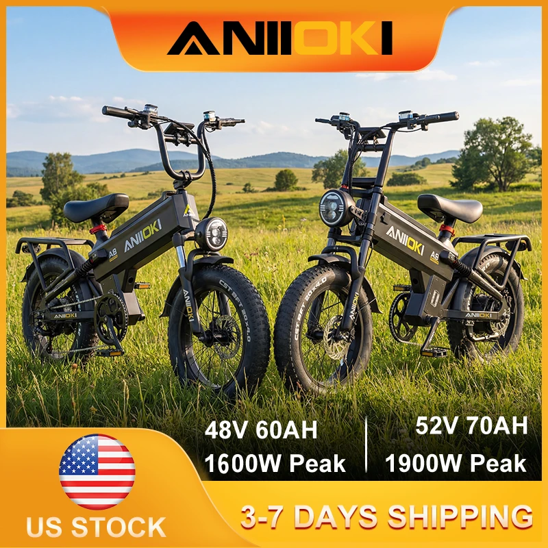 

Electric Bike 48V 60AH 52V 70AH Battery 1600W 1900W Peak Motor ANIIOKI 32mph EBike 20"*4" Fat Tires Adults Electric Bicycle