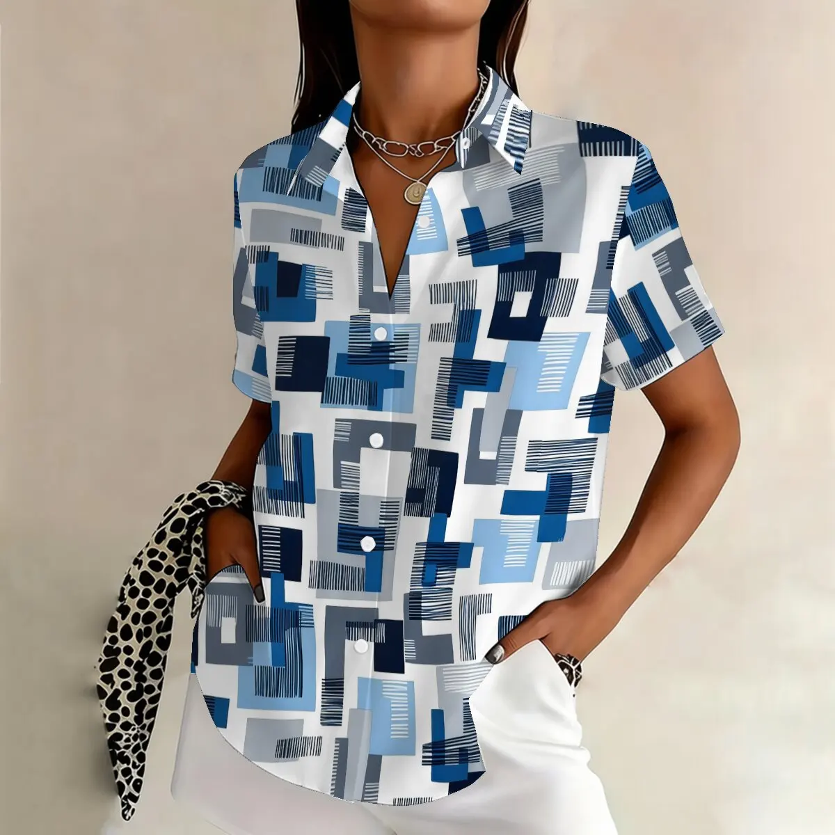 

Fashion women's plus-size short-sleeve shirt for summer, blue-gray geometric color blocks,simple capable,suitable for business