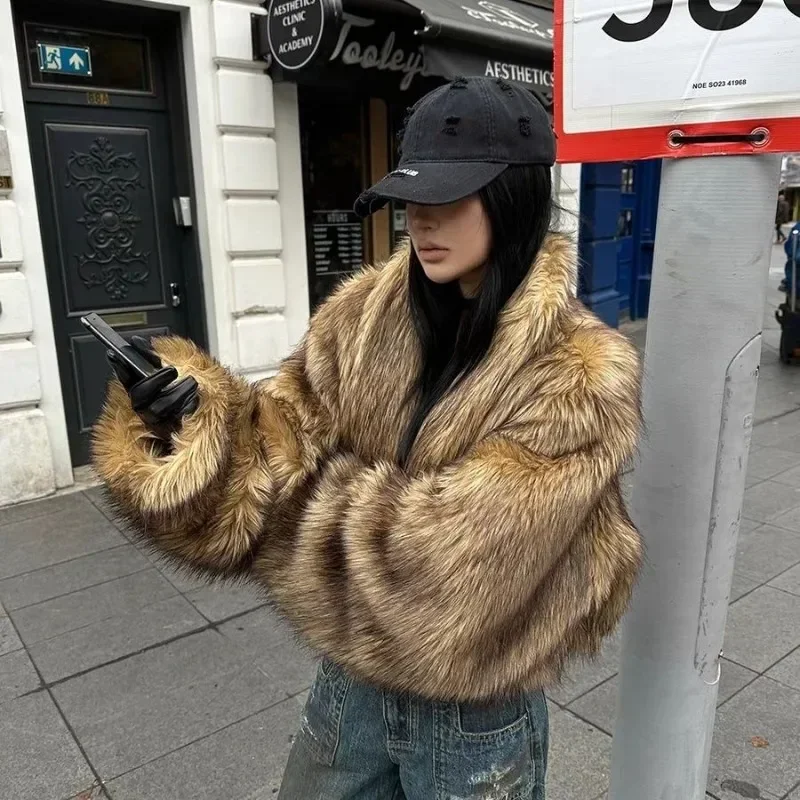 Retro Lapel Zipper Faux Fur Coat Women Casual Loose Thicken Solid Natural Imitation Fur Coats Female Winter Warm Chic Outwear