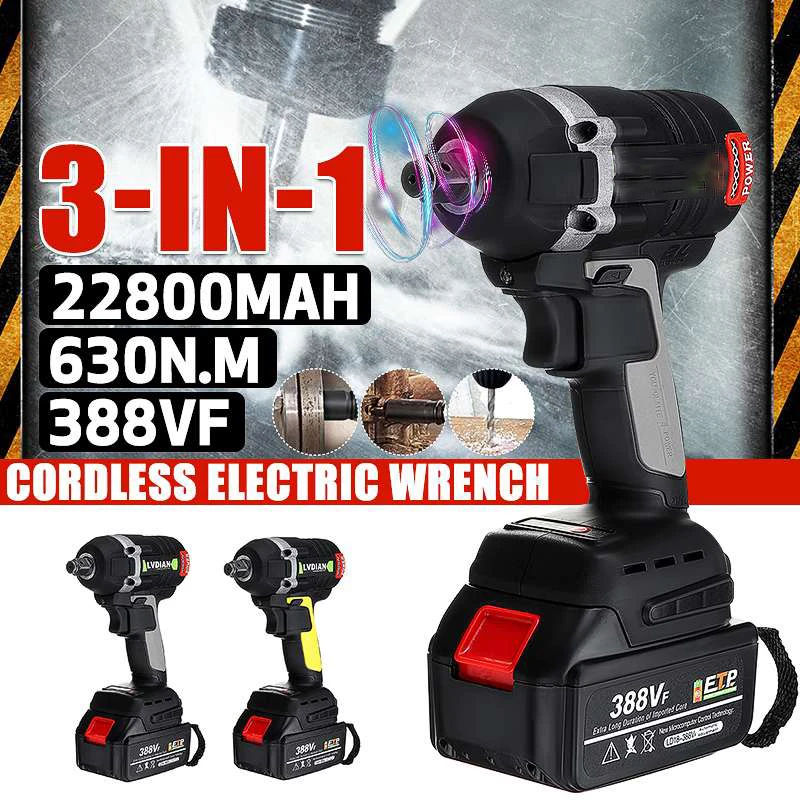 

22800mAh 388VF Brushless Electric Impact Wrench With Lithium-Ion Battery 630 N.M Torque Power Tools For Makita 18V Battery