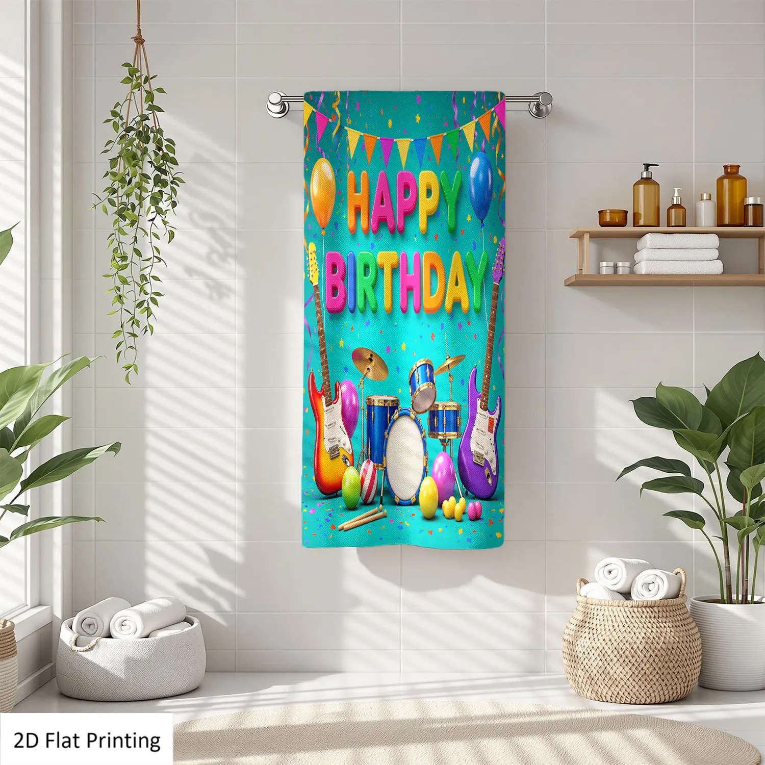 

1Pc Birthday Balloons Guitars Drums Colorful Bathroom Hand Towel Bath Towel, Multiple Size Microfiber Polyester Towel, Unique Home Decorative Kitchen Towels, Festival Bathroom Accessories Decor, Quick Dry and Absorbent