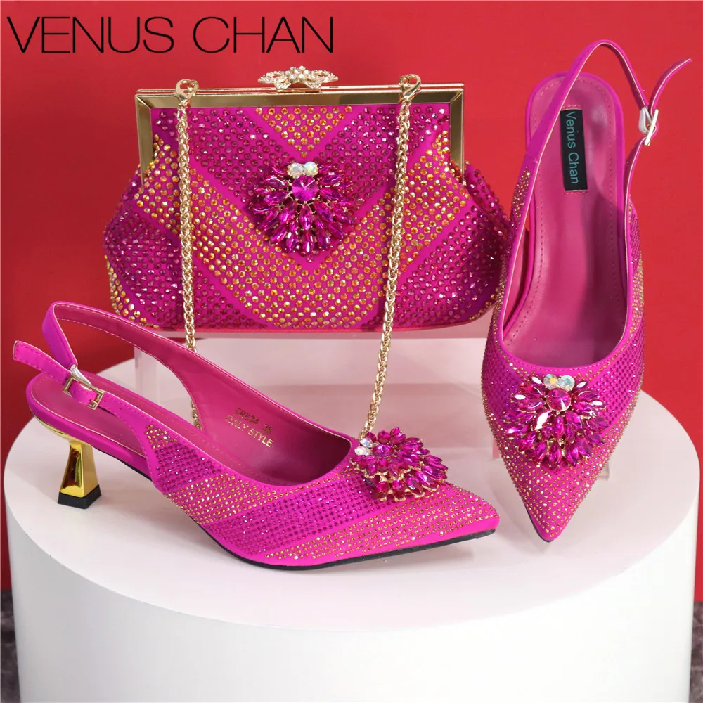 Italian Shoes and Bags Matching Set 2024 Nigerian Heel Party for Women Fuchsia Colour Italian Design Wedding INS Design