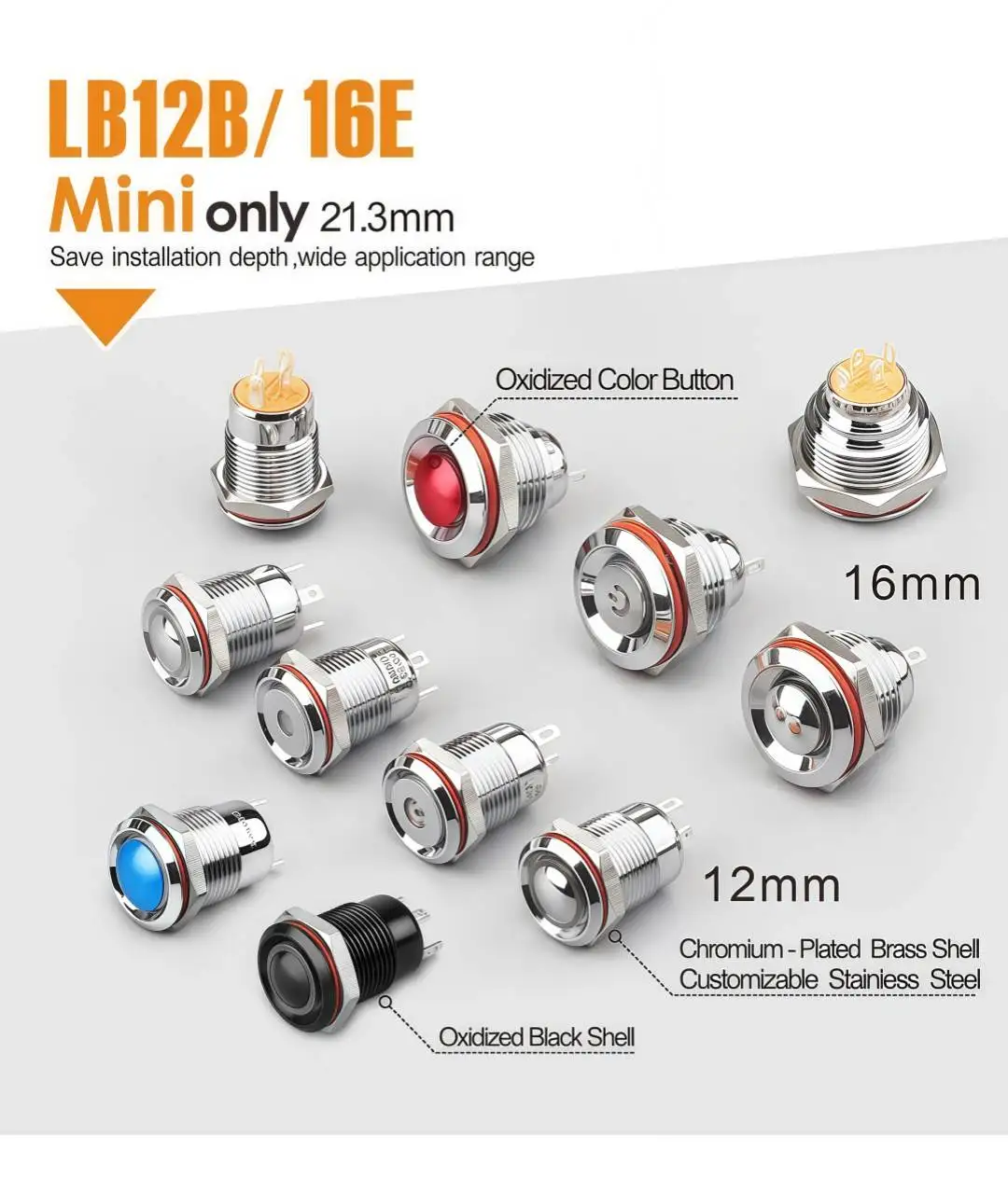 LANBOO 16 mm rot grün blau LED selbstsichernder Reset 1NO-Knopfschalter mit Metall-Signallampe – Detail 1