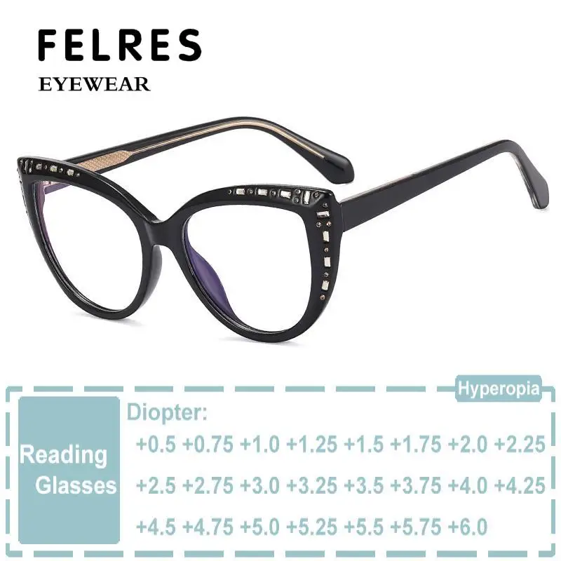 

Brand Designer Unique Rhinestones Cat Eye Glasses Frame Women Computer Reading Eyeglasses TR90 Female Presbyopia Eyeglasses