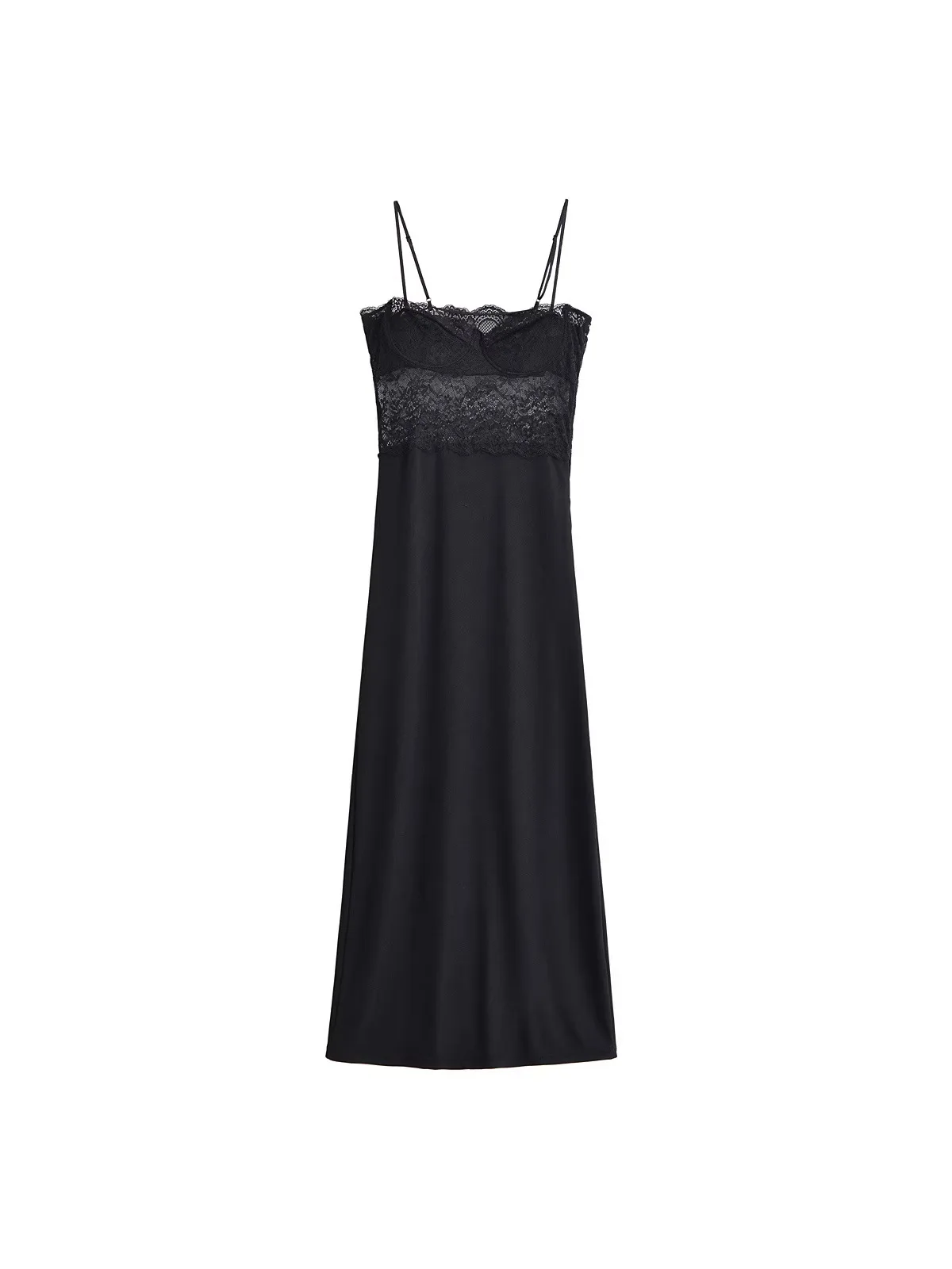 Withered New Women's French Straight Hem Square Neck Slim Shoulder Strap Lace Patchwork Dress