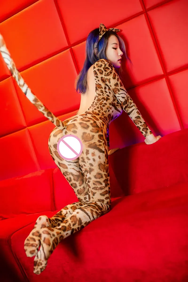 Cosplay Donne sexy Leopardo con apertura sul cavallo Body Blackless See Through Tuta Calze per il corpo Tuta intera con orecchio a coda F35