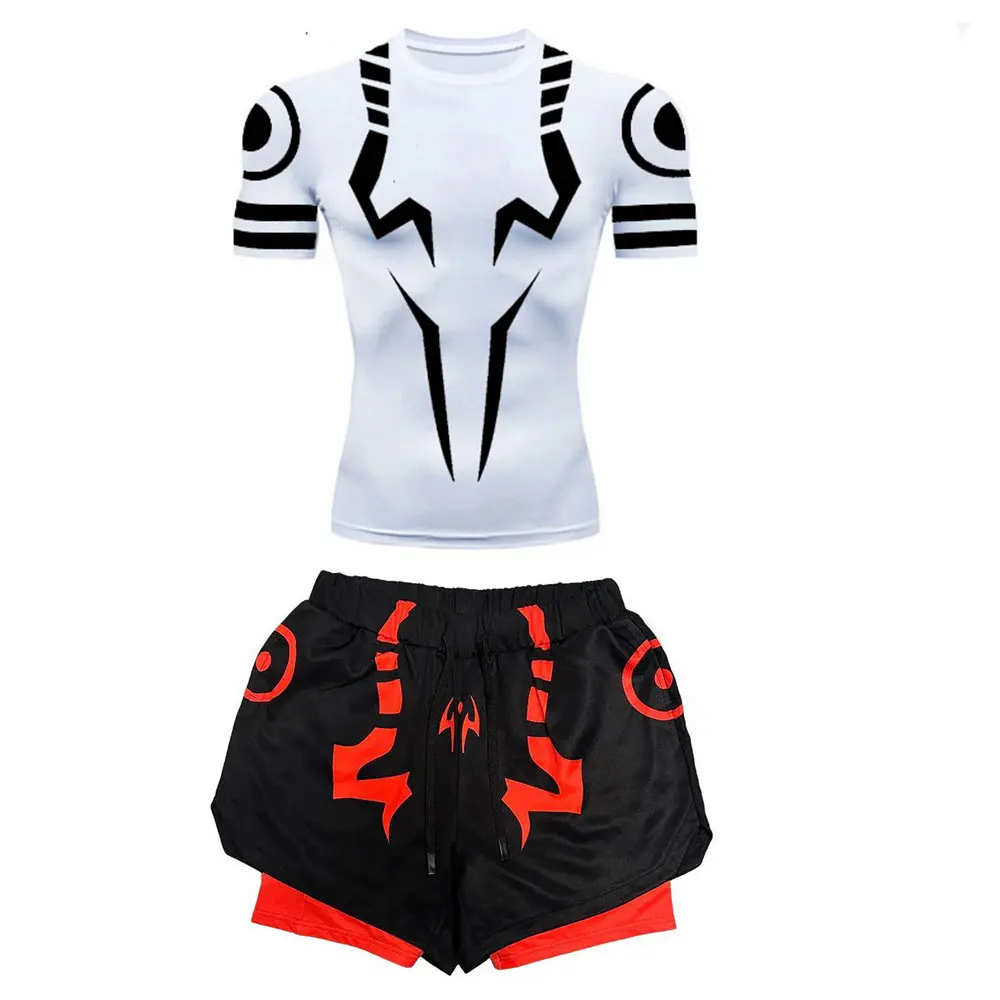 Men's Workout Compression Set Jujutsu Kaisen Printed Gym Top+Workout Shorts Breathable Holes Quick Dry Sports Rash Guard Set