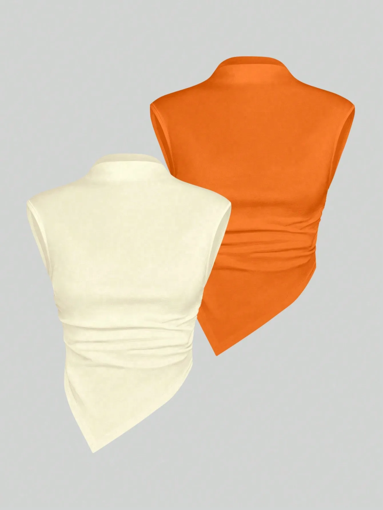 

A two-piece solid color semi-high neck, asymmetrical hem, slim and versatile fashion vest set for ladies