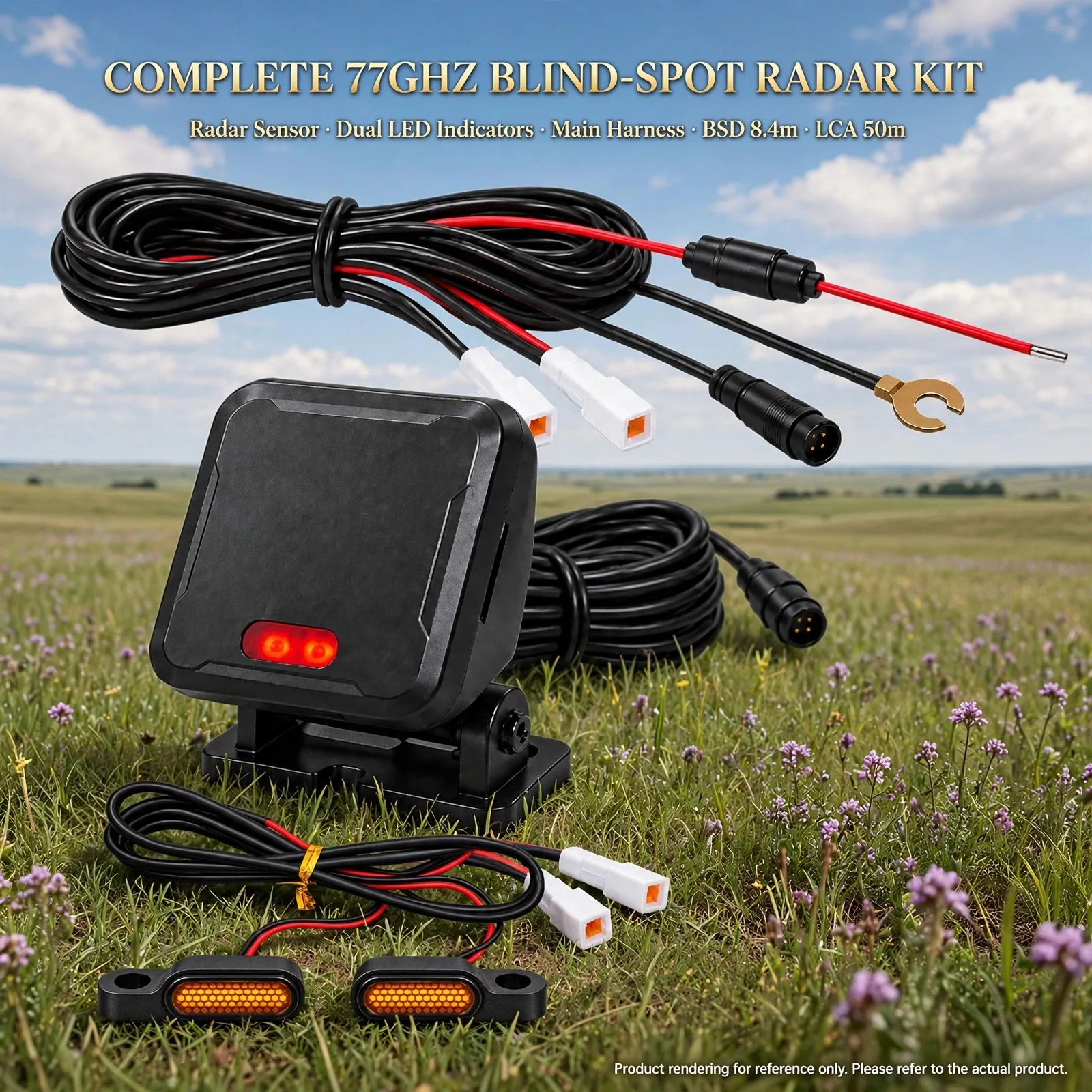 Prairie Sky 77GHz Blind-Spot Radar Kit for Motorcycle – Dual LED Indicators, 8.4m BSD & 50m LCA Zones, 4Tx4Rx, 20Hz Refresh