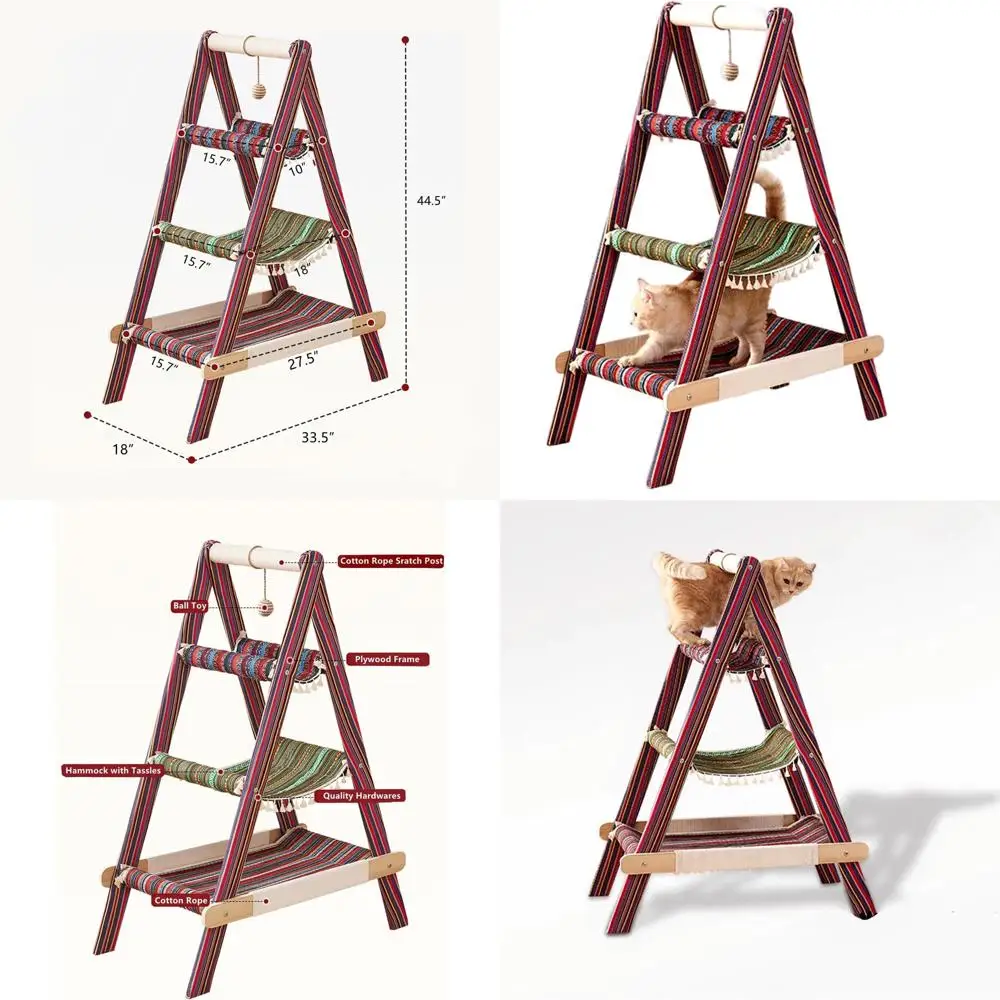 

Трехуровневая деревянная лежанка-башня для кошек в стиле бохо с многоуровневыми спальнями, гамаком и подвесным игрушечным мячиком