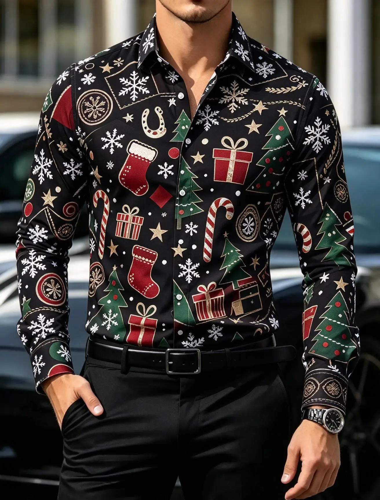 Mens Xmas Party Shirt Retro Snowflake Horseshoe Present Pattern Holiday Long Sleeve Dress