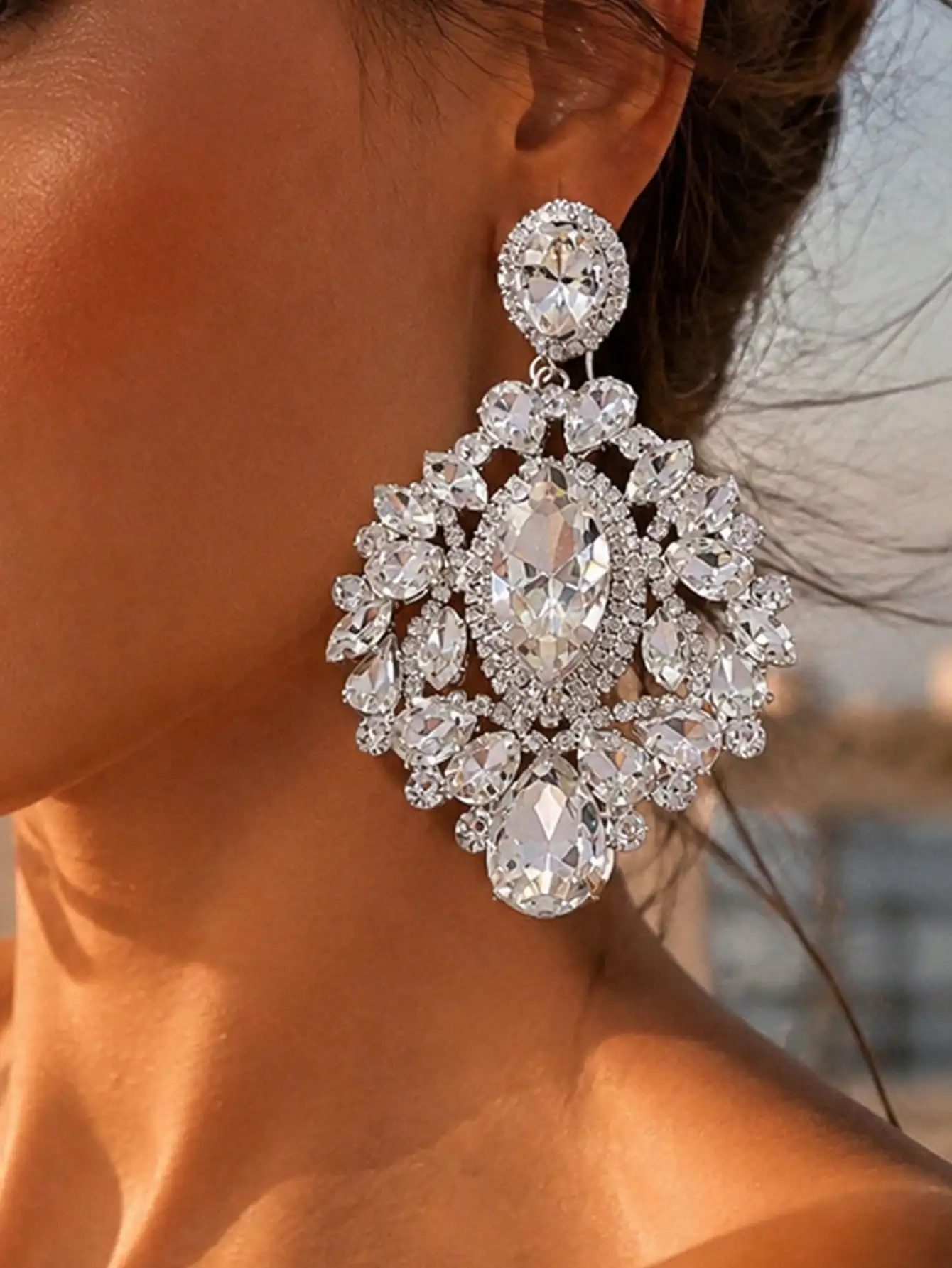Funkelnde Klare Strass-Kronleuchter-Ohrhänger, Luxuriöse Ovale Kristall-Ohrringe, Statement-Ohrringe für Braut, Hochzeit, Abschlussball und Party – Detail 1