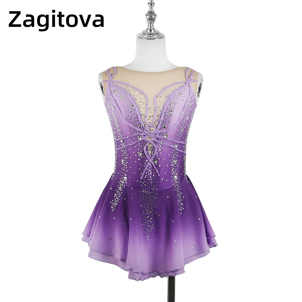 Zagitova Figure Skating Dress For Women Girls Ice Skating Skirt Performance Competition Gradient Purple Gradient sleeveless