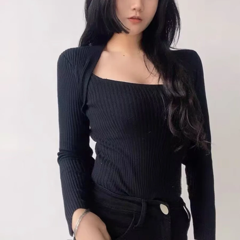 

Long Sleeve Pullovers Women Autumn Sweaters Retro New Comfortable Inside Korean Aesthetic Knitting Slim Square Collar Elegant