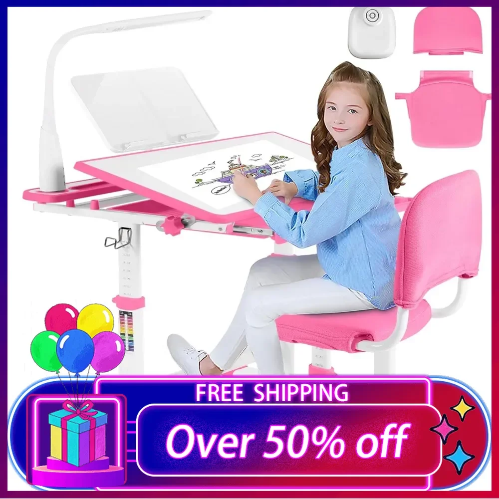 Juego de mesa y silla de estudio para niños de mano de artista, mesa de estudio de escritura escolar ajustable para niñas, con tablero de escritura, cajón extraíble LED