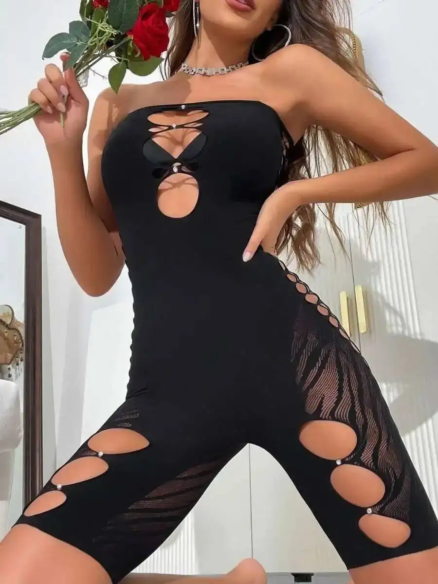 

Hollow Out Sexy Nightclub Party Transparent Elastic Mesh Playsuit Bodysuits Backless Deep V Sleeveless Shoulder Leakage EX5P