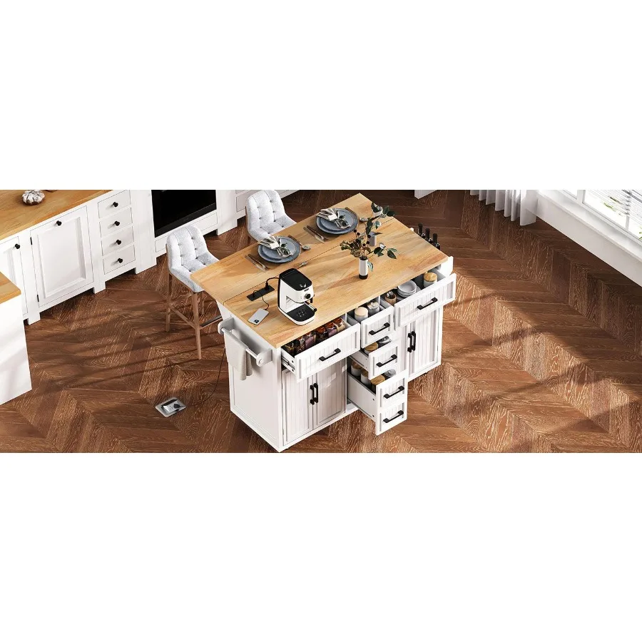 

KK 56.5'' Kitchen Island with Drop Leaf Power Outlet Embossed Vertical Stripe Rolling Kitchen Cart on Wheels with 4 Doors 5 Dee