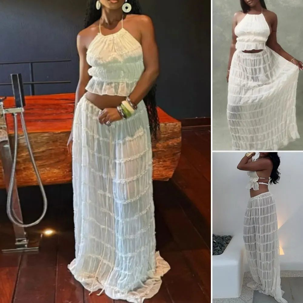 

Mia Muse Boutique Элегантные комплекты, облегающие тонкие гофрированные однотонные комплекты с открытыми плечами и лямкой на шее, макси-наборы с естественной талией для женщин, летние