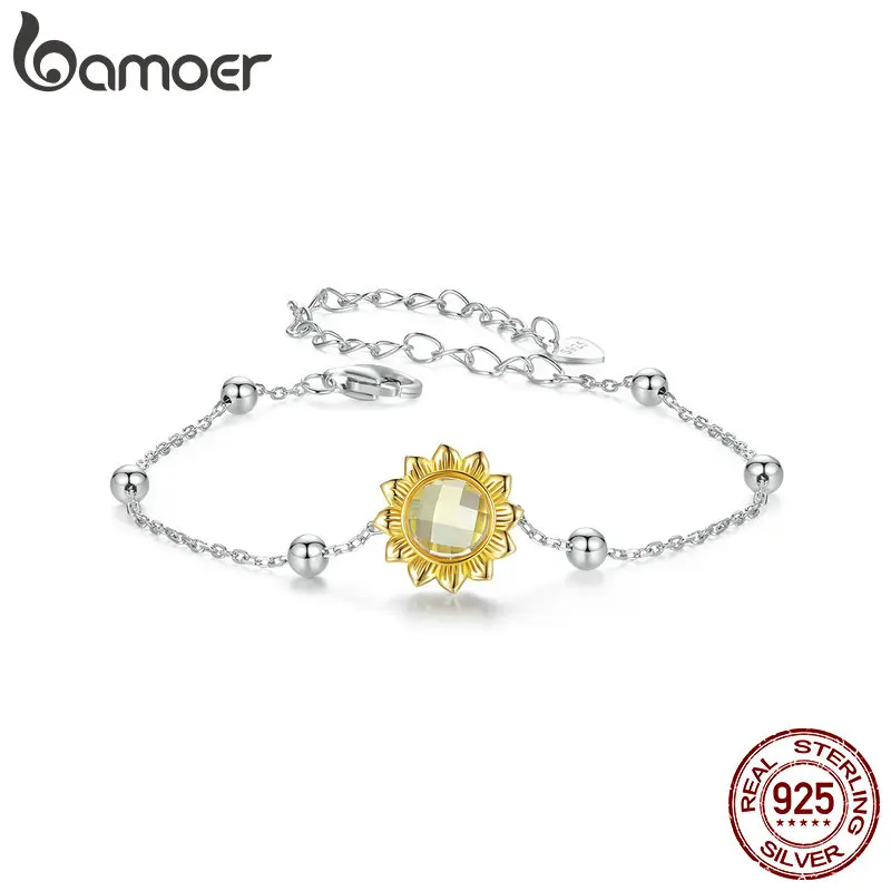 BAMOER 925 srebrne bransoletki słonecznikowe dla kobiet, pozłacane bransoletki regulowany łańcuszek biżuteria letnia prezent SCB282