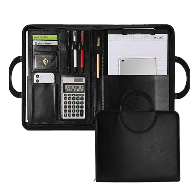 A4 Portfolio Folder Padfolio Women Business Briefcase Folding Handle Leather Zipper Notebook Calculator File Documents Organizer