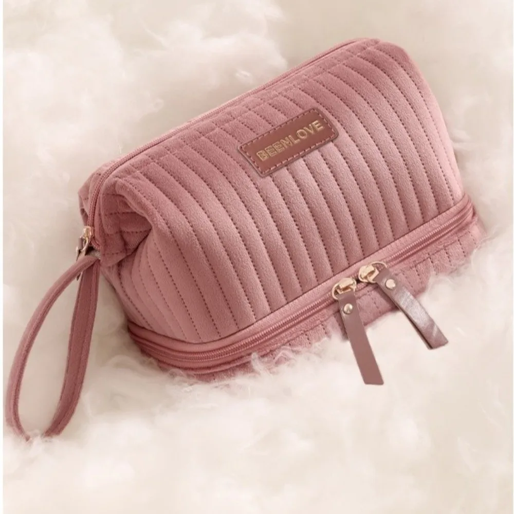 Double-Layer Cosmetic Bag Portable Velvet Material Makeup Organizer Lightweight Large Capacity Travel Cosmetic Case For Travel