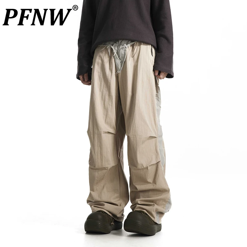 PFNW American Men's Trousers Colorblock Irregular Destroyed Raw Edge Patchwork Drawstring Design Wide Leg Casual Cargo Pants New