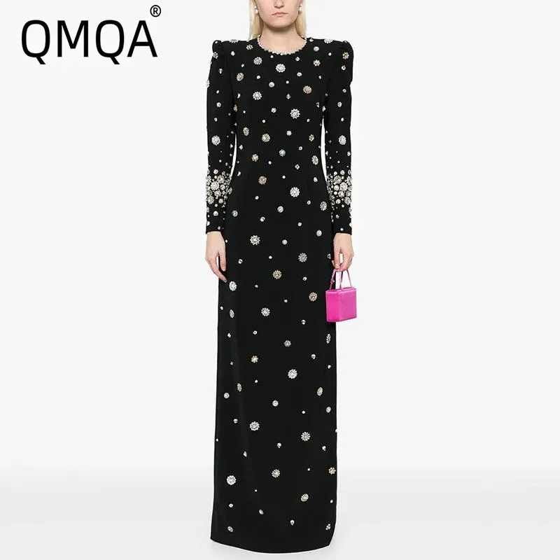 QMQA Fashion Women's Luxury Dresses O-neck Long Sleeve Spliced Diamonds Beaded High Waist Split Elegant Party Dress Autumn 1A578