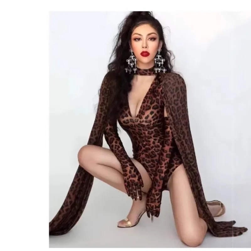 Nightclub Bar Abbigliamento da palcoscenico Fotografo femminile Ospite Mantello con stampa leopardata Abito intero Abbigliamento da performance di canzoni femminili sexy