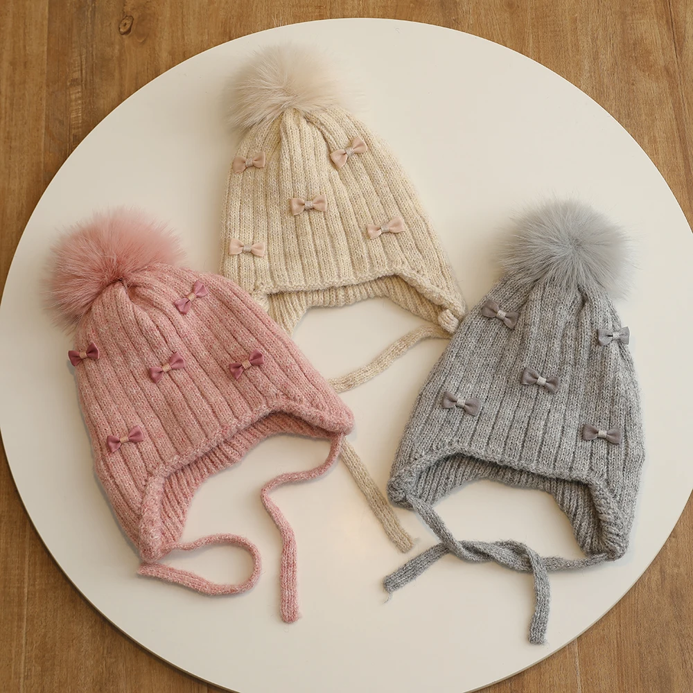 Princess Children Winter Hat for Girls Pompom Bows Kids Bonnet Hat Warm Ears Thicken Children Girl Cap Faux Fur Ball 2-6Y