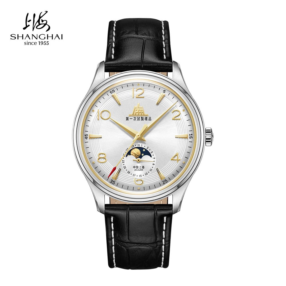 Reloj Shanghai de Oro de 18K con Fase Lunar para Hombre, Relojes Automáticos de 39 mm, Reloj Mecánico con Calendario, Reloj de Zafiro Resistente al Agua S5002