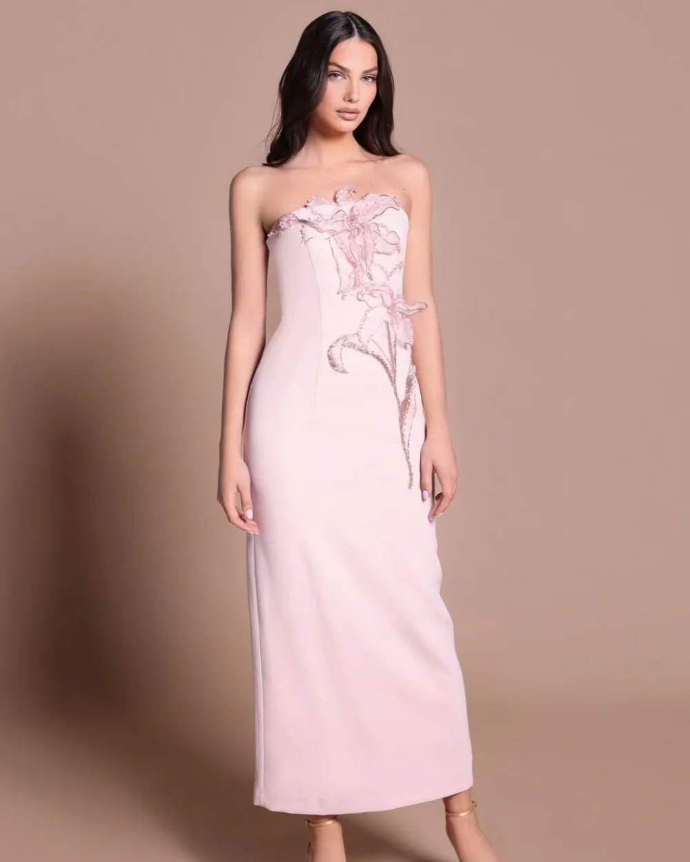 

Модный трикотаж ручной работы по индивидуальному заказу, прямые платья подружки невесты с цветочными блестками, элегантные платья без бретелек до щиколотки, вечернее платье