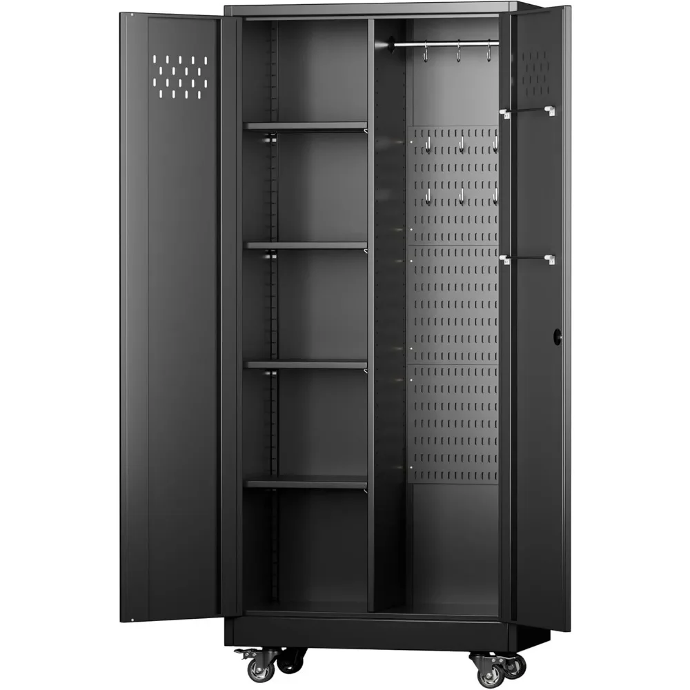 

Garage Storage Cabinet, Metal Storage Cabinet with Lockable Doors and 4 Adjustable Shelves, Tool Cabinet with Wheels