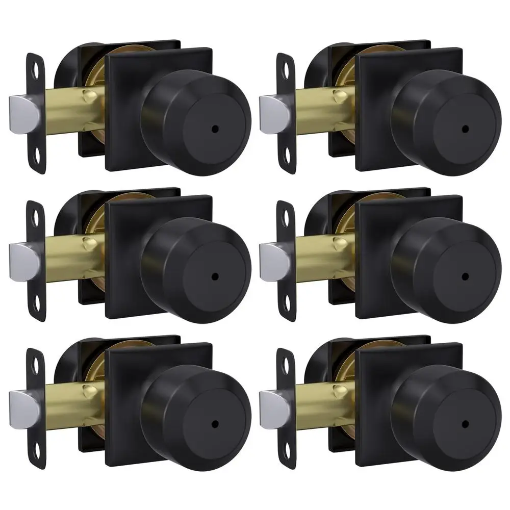 Interior Door Knobs 6-Pack Privacy Matte Black Bedroom Bathroom Modern Square Knob