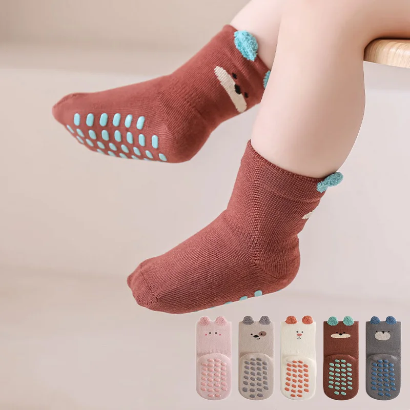 

Детские носки-тапочки для детей 0-5 лет, мягкие хлопковые нескользящие носки до середины икры с милым мультяшным дизайном для малышей, осень-зима
