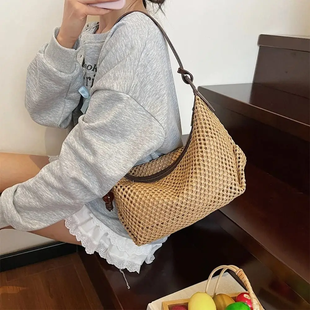 

Trendy Shoulder Bag Weave Straw Bag Hollow Out Summer Beach Bag Large Capacity Bohemian Style Underarm Woven Bag Shopping