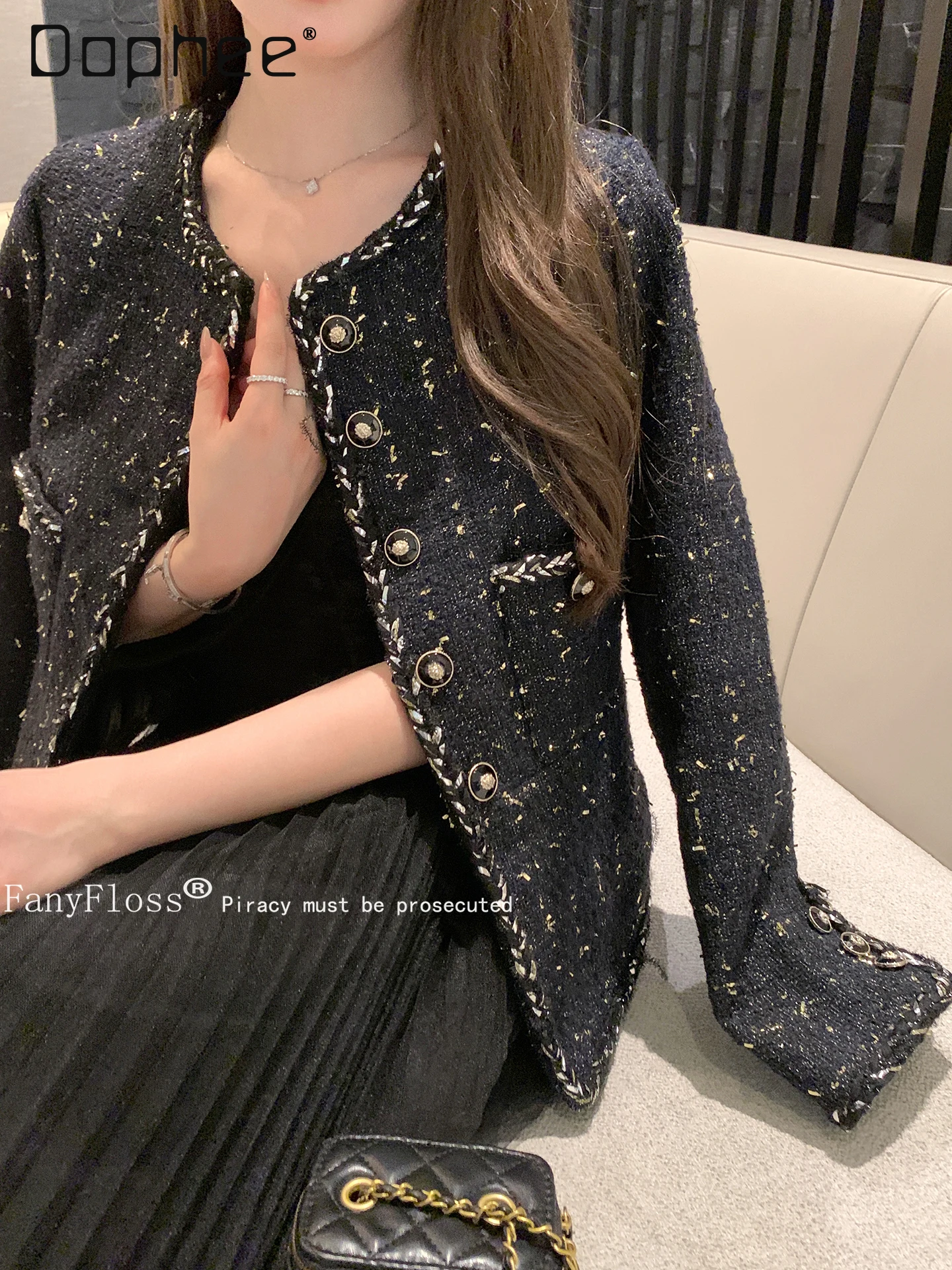 

French Style Elegant Socialite Tweed Woven Fashion Short Coat Women Heavy Woolen Round Neck Loose Casual Short Blazer Female